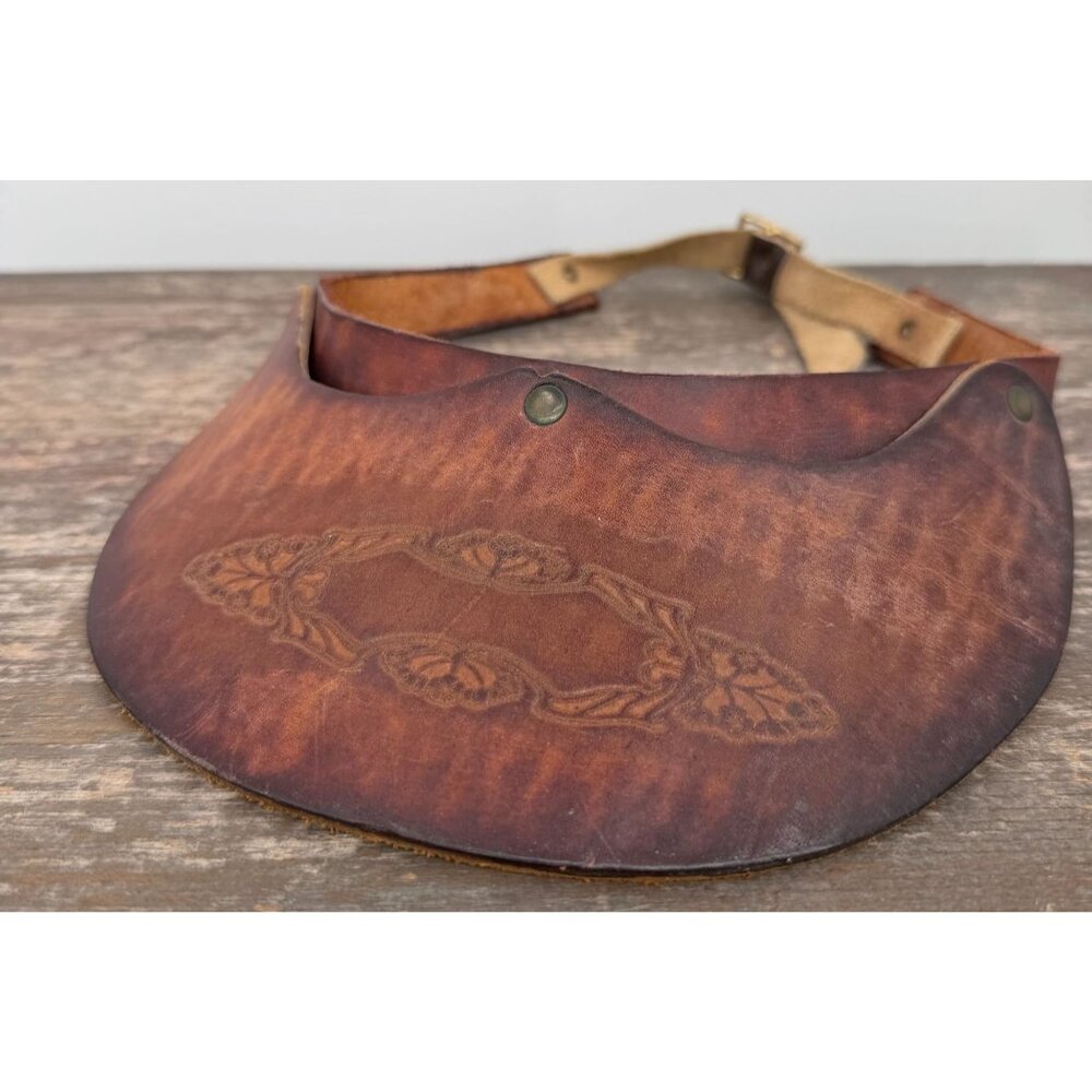 Vintage Tooled Leather Sun Visor Hat Brown Floral Boho 70's Western Retro Hippie